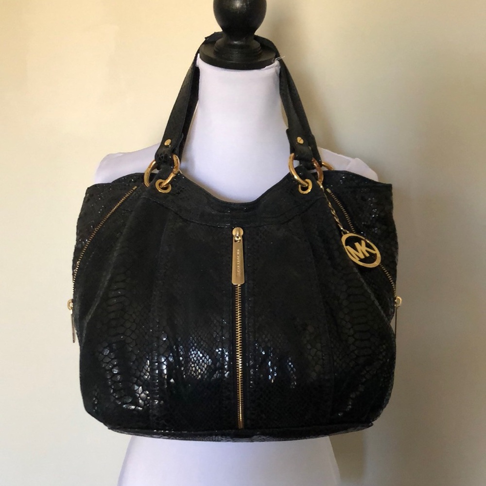 Michael Kors Large Black Hobo zippered bag eel skin shiny finish